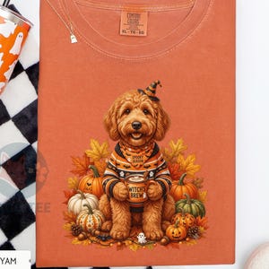 May include: A burnt orange t-shirt featuring a graphic of a golden doodle dog wearing a witch hat and a patterned jumper. The dog holds a mug labelled Witch's Brew, surrounded by autumn leaves and pumpkins. The shirt has a Comfort Colors label.