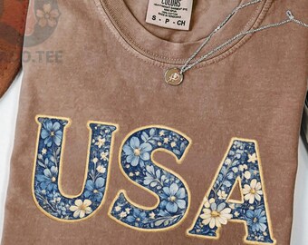 Floral USA Varsity Graphic Tee, Patriotic American Letter Shirt