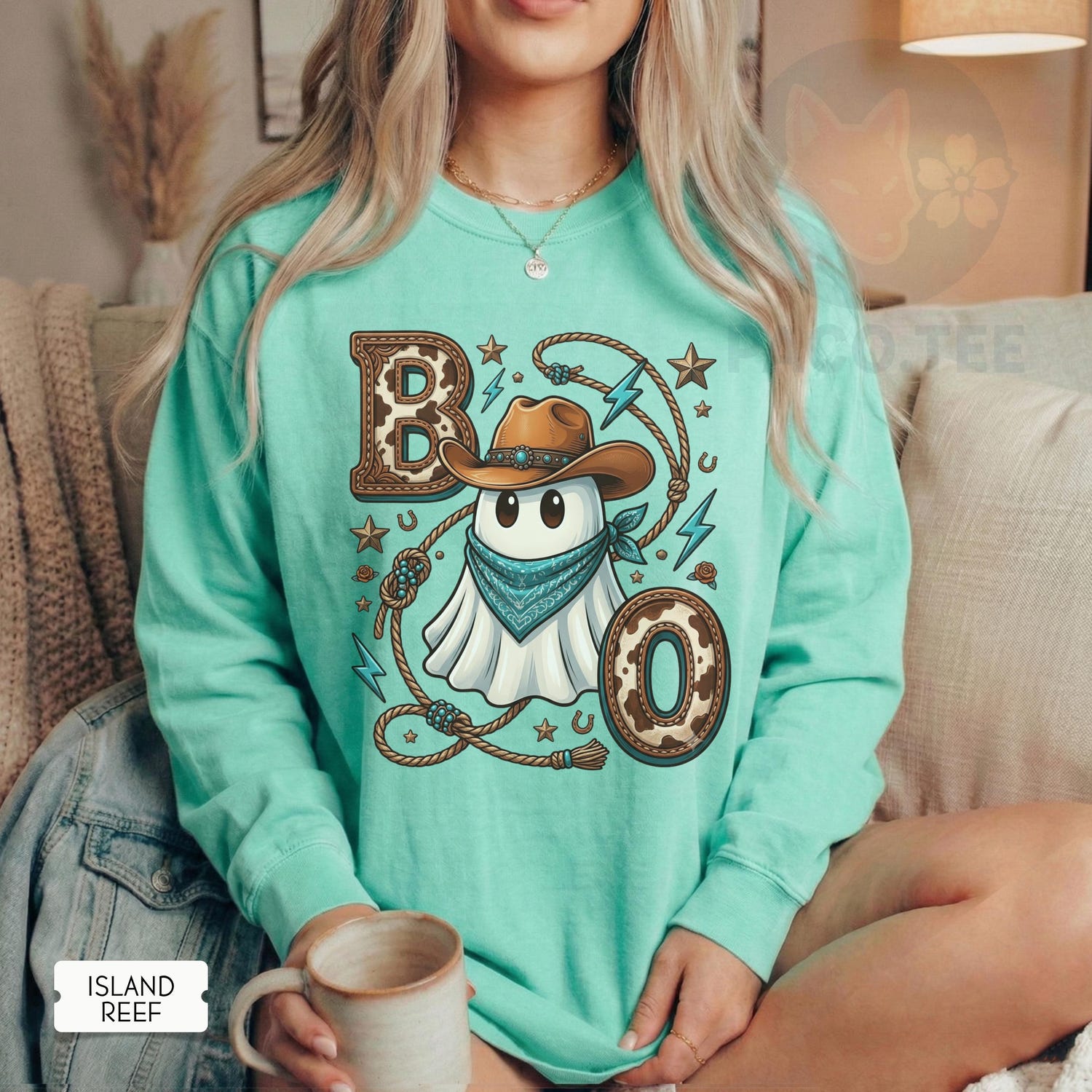 Cowboy Ghost Long Sleeve Halloween Shirt Western Fall Tee S-3XL