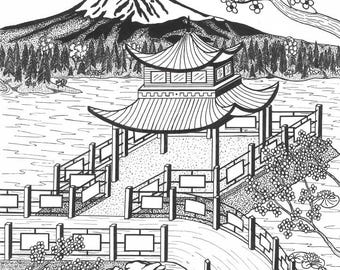 Pagoda sobre el lago - Serie Sol Rojo Naciente