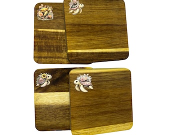 Sea Turtle Acacia Wood Coasters Set of 4, Raised 3D Effect Textured Coasters.  4x4 inches in Size