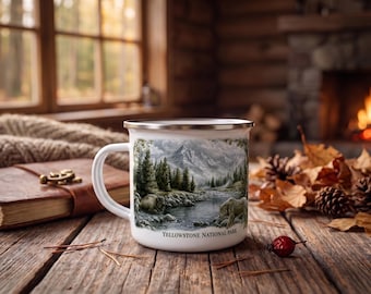 Mug émaillé illustré du parc national de Yellowstone, cadeau unique, tasse à café pour amoureux de la nature, mug rustique pour feu de camp