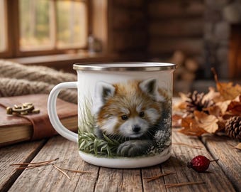 Red Panda Camp Mug, Furry Panda Illustration Enamel Mug, Unique Panda Gift, Nature Lover Coffee Cup, Rustic Campfire Mug