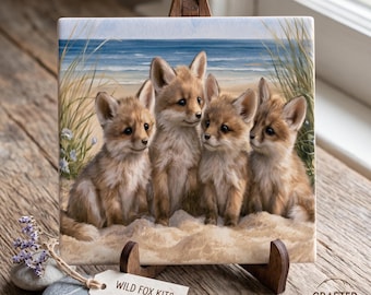 Dessous de plat en céramique Renard côtier | Décoration et sous-verre artistique pour maison de plage | Famille de renards roux aquarelle | Cadeau pour les amoureux de la nature