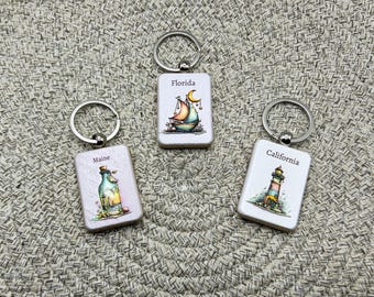 Three Custom Keychains | Wooden Key ring Set | Nautical Travel Souvenirs, Beach Lover Gift | Raised 3D image