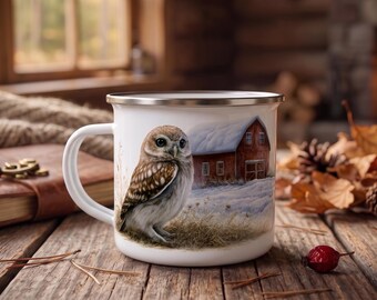 Baby Owl Camp Mug, Owl Illustration Enamel Mug, Unique Gift, Nature Lover Coffee Cup, Rustic Campfire Mug