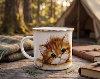 Cute Ginger Cat Camp Mug, Furry Kitten Illustration Enamel Mug, Unique Cat Gift, Nature Lover Coffee Cup, Small Campfire Mug