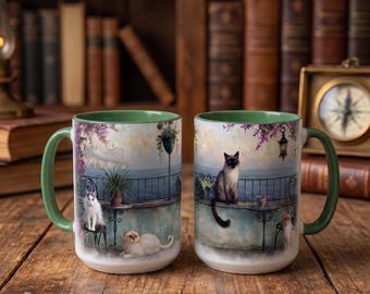 Serene Coastal Balcony Cats Coffee Mug, 15 oz Large Tea Cup, Whimsical Cat Lover Gift, Ocean View Terrace Mug with Colored Handle & Accent