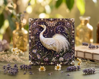 Art Nouveau White Crane Art Tile - 4x4 Textured Raised Print Ceramic - Ornate Intricate Bird Decor, Botanical Floral Vignette, Fine Art Gift
