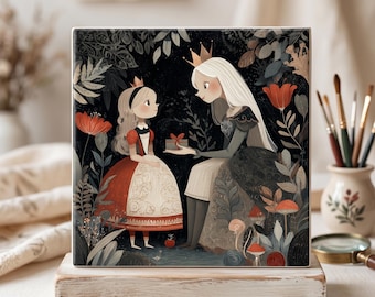 Carreau de céramique Alice au pays des merveilles 15x15 cm, Illustration inspirée d'un conte sombre, Décoration de chambre d'enfant féerique, Cadeau féérique pour les fans de reines et de princesses, Art mural fantastique