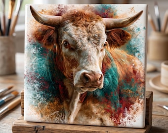 Carreau de céramique 15 x 15 cm représentant un taureau coloré | Décoration murale rustique style western et ranch | Dessous de plat et dessous de verre avec motif taureau Longhorn aquarelle