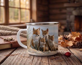 Mug émaillé à motif renard, cadeau original, tasse à café pour amoureux de la nature, style rustique, idéal pour les soirées autour du feu.