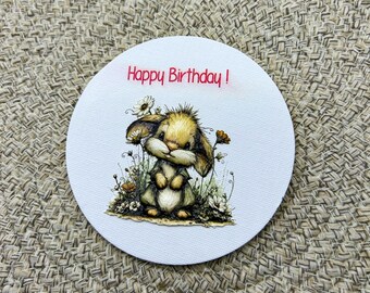 Bunny 4-Inch Round Canvas Print, Raised Textured 3D Effect Wall Art, Cake Topper.