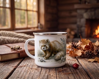 Mug émaillé à motif panda roux, cadeau original, tasse à café pour amoureux de la nature, style rustique, idéal pour les soirées autour du feu.