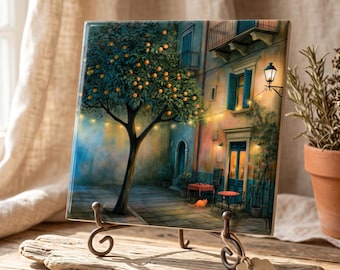 Carreaux de céramique style café méditerranéen, décor chaleureux de rue européenne avec oranger et chat, art de carrelage fantaisiste pour cour italienne