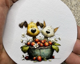 Dog and Cat in Strawberry Basket Canvas Print, Textured Wall Art, Cake Topper