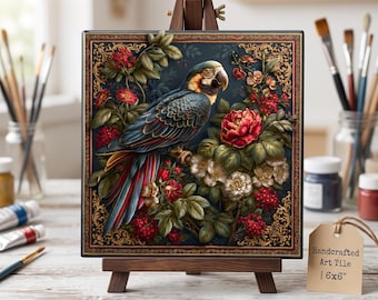 Carreau de céramique artistique exquis représentant un ara et des fleurs | Carreau 15 x 15 cm à effet relief 3D avec cadre en filigrane doré | Perroquet tropical et pivoine