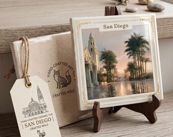 Carreaux de céramique du parc Balboa de San Diego | Art vintage de la tour de Californie, sous-verres, décoration