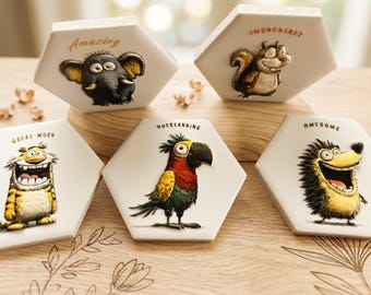Funny Animal Motivation Fridge Magnets - Set of 5 Hexagon Encouragement Magnets - 3D Quirky Desk Decor