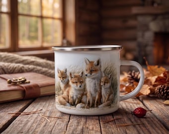 Mug émaillé à motif renard, cadeau original, tasse à café pour amoureux de la nature, style rustique, idéal pour les soirées autour du feu.