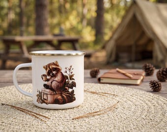 Racoon Camping Enamel Mug - Small 9oz Campfire Cup - Wildlife Illustration Mug, Gift for Hikers, Outdoorsy Nature Gift, Forest Animal Mug