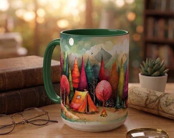 Custom Printed 15 oz Mug - Coffee Mug with Whimsical Camping Image