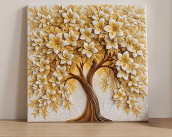 Carreau décoratif en céramique Arbre de Vie Doré | Décoration murale en relief 3D, dessous de plat botanique, cadeau de pendaison de crémaillère