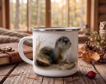 Baby Mink Camp Mug, Furry Mink Illustration Enamel Mug, Unique Wildlife Gift, Nature Lover Coffee Cup, Rustic Campfire Mug