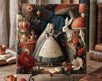 Carreau de céramique Alice au pays des merveilles 6x6, Impression d'art de livre d'histoires, Décoration de chambre d'enfant de conte de fées, Cadeau fantaisiste de reine et de princesse, Art mural.
