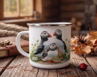 Mug émaillé illustré d'un macareux, cadeau unique, tasse à café pour amoureux de la nature, style rustique, mug de camping