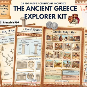Puede incluir: Un kit educativo imprimible para edades de 7 a 10 a&ntilde;os, titulado "The Ancient Greece Explorer Kit". El kit incluye 24 p&aacute;ginas y un certificado. El dise&ntilde;o presenta ilustraciones de jarrones griegos, columnas, mapas y escenas de la vida diaria, con texto como "The Most Fun Way to Learn."