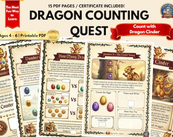 Dragon Numbers Counting Kit Printable PDF Medieval Fantasy Tracing Writing Activity Ages 4-6