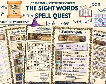 Sight Words Activity Kit Printable PDF Medieval Fantasy Wizard Ages 4-7 Kindergarten Reading