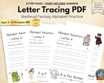 Medieval Letter Tracing Worksheets Preschool Alphabet Handwriting Practice Fantasy Homeschool Printable PDF