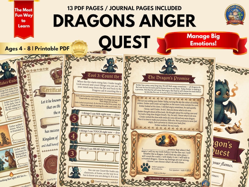 Pode incluir: Um di&aacute;rio em PDF imprim&iacute;vel para crian&ccedil;as de 4 a 8 anos, intitulado "Dragons Anger Quest". As p&aacute;ginas apresentam ilustra&ccedil;&otilde;es de drag&otilde;es e sugest&otilde;es para gerenciar emo&ccedil;&otilde;es. Inclui texto: "Manage Big Emotions!" e "The Most Fun Way to Learn."