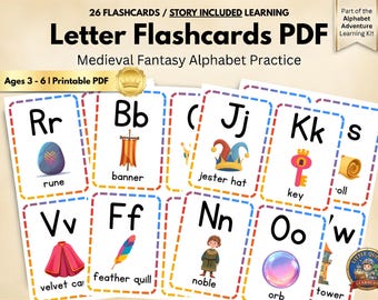 Medieval Alphabet Flashcards Montessori Preschool Learning Fantasy Wall Decor Kindergarten Homeschool Printable PDF