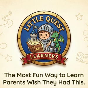 Puede incluir: Un logotipo circular con un caballero leyendo un libro con las letras "ABC" y un drag&oacute;n verde. El logotipo dice "Little Quest Learners" y el texto "The Most Fun Way to Learn Parents Wish They Had This."