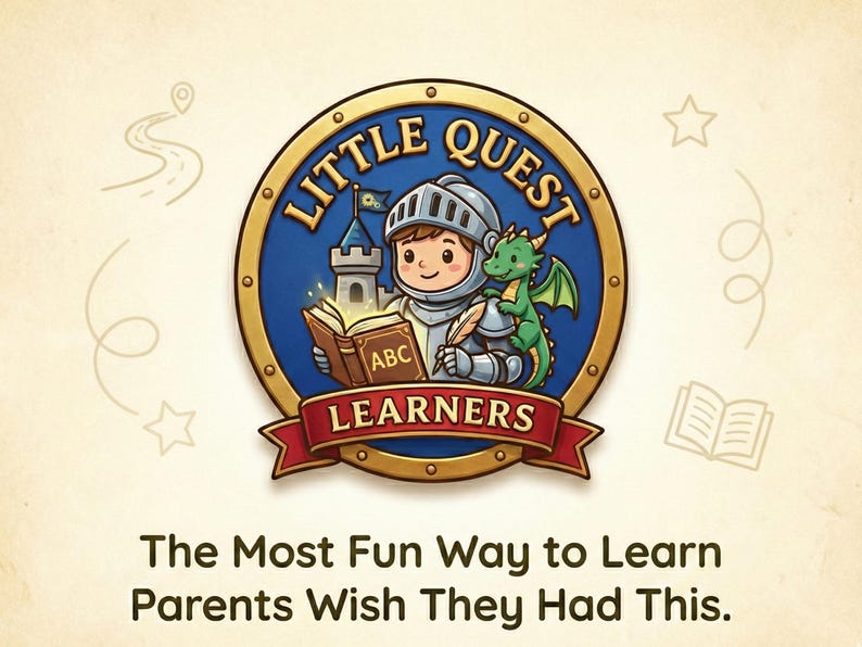 Puede incluir: Un logotipo circular con un caballero leyendo un libro con las letras "ABC" y un drag&oacute;n verde. El logotipo dice "Little Quest Learners" y el texto "The Most Fun Way to Learn Parents Wish They Had This."