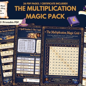 May include: A printable PDF educational resource for ages 7-10, featuring multiplication practice. The design includes a multiplication grid, tables, and practice problems. The text includes "The Multiplication Magic Pack".