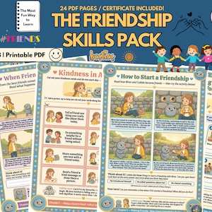 Könnte beinhalten: Ein druckbares PDF mit dem Titel "The Friendship Skills Pack" für Kinder im Alter von 4-8 Jahren. Die Bildungsressource enthält farbenfrohe Illustrationen und Aktivitäten, die sich auf Freundschaft, Freundlichkeit und Kommunikation konzentrieren.