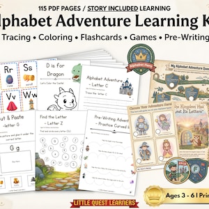 May include: Alphabet Adventure Learning Kit with 115 PDF pages. Includes tracing, colouring, flashcards, games, and pre-writing activities. Features colourful illustrations and the text "Alphabet Adventure Learning Kit" and "Ages 3-6 | Printable PDF".