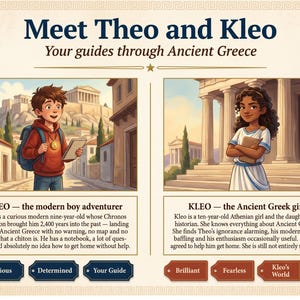 Puede incluir: Ilustraci&oacute;n educativa con Theo y Kleo, gu&iacute;as por la Antigua Grecia. Theo, un chico moderno, sostiene un cuaderno. Kleo, una chica griega antigua, est&aacute; frente a un templo. El texto dice "Meet Theo and Kleo".