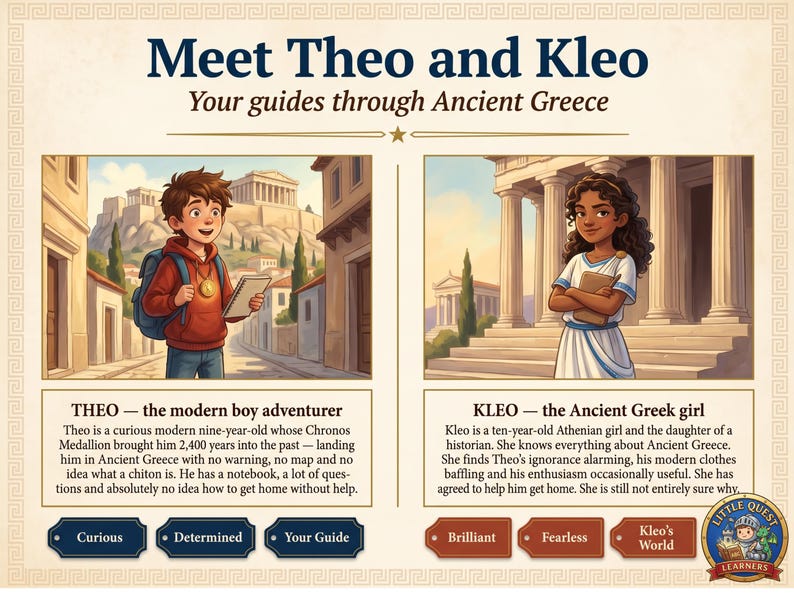 Puede incluir: Ilustraci&oacute;n educativa con Theo y Kleo, gu&iacute;as por la Antigua Grecia. Theo, un chico moderno, sostiene un cuaderno. Kleo, una chica griega antigua, est&aacute; frente a un templo. El texto dice "Meet Theo and Kleo".