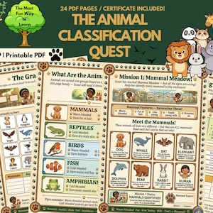 Op de afbeelding: Educatieve, afdrukbare PDF voor kinderen van 6-9 jaar, getiteld "The Animal Classification Quest". De afbeelding toont cartoon dieren en pagina's over dierenclassificatie.