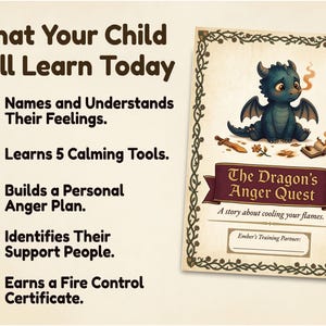 Pode incluir: Um cartaz educativo infantil intitulado "The Dragon's Anger Quest". Apresenta um drag&atilde;o de desenho animado, uma espada e um livro. O cartaz lista os resultados da aprendizagem, como a compreens&atilde;o dos sentimentos e a cria&ccedil;&atilde;o de um plano de gest&atilde;o da raiva.