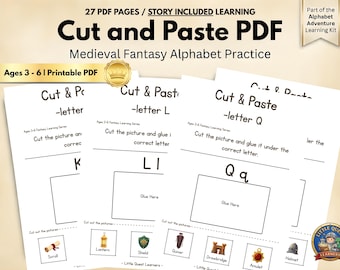 Medieval Cut and Paste Worksheets Scissor Skills Alphabet Activity Preschool Fine Motor Printable PDF