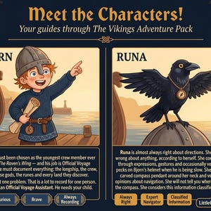 Może przedstawiać: Cyfrowa ilustracja przedstawiająca postacie Wiking&oacute;w, Bjorna i Runę, z "The Vikings Adventure Pack". Bjorn, chłopiec, wskazuje zwojem. Runa, czarny kruk, nosi wisiorek z kompasem. Tekst: "Poznajcie postacie!"
