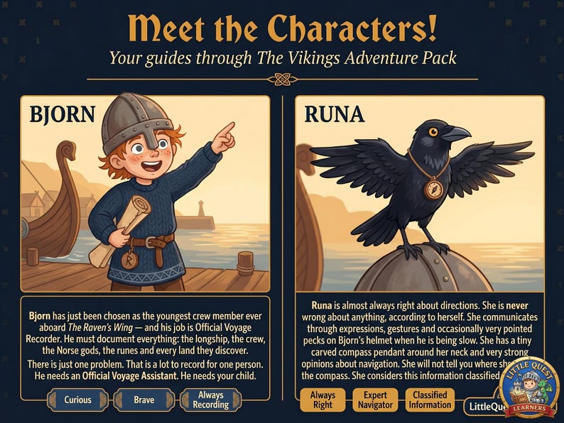Może przedstawiać: Cyfrowa ilustracja przedstawiająca postacie Wiking&oacute;w, Bjorna i Runę, z "The Vikings Adventure Pack". Bjorn, chłopiec, wskazuje zwojem. Runa, czarny kruk, nosi wisiorek z kompasem. Tekst: "Poznajcie postacie!"