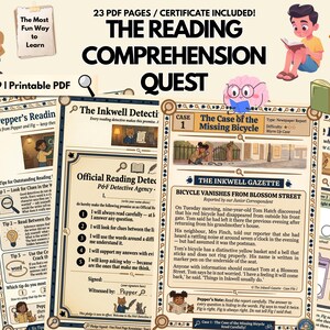 May include: A printable PDF reading comprehension quest for ages 6-9. The educational material includes 23 pages and a certificate. The design features illustrations of children reading, along with text such as "The Reading Comprehension Quest."