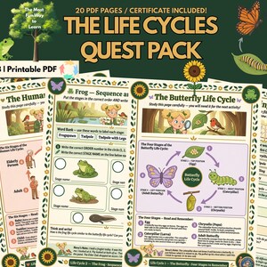 以下が含まれることがあります： 5～8歳向けの教育用印刷可能PDFパック「The Life Cycles Quest Pack」。表紙には蝶、カエル、木のイラストが描かれています。蝶とカエルのライフサイクルに関するページが含まれています。